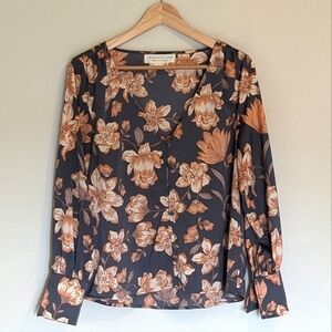 Saltwater LUXE button up blouse gray with orange floral sz L